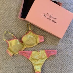 satin lingerie chartreuse pink thong bra set